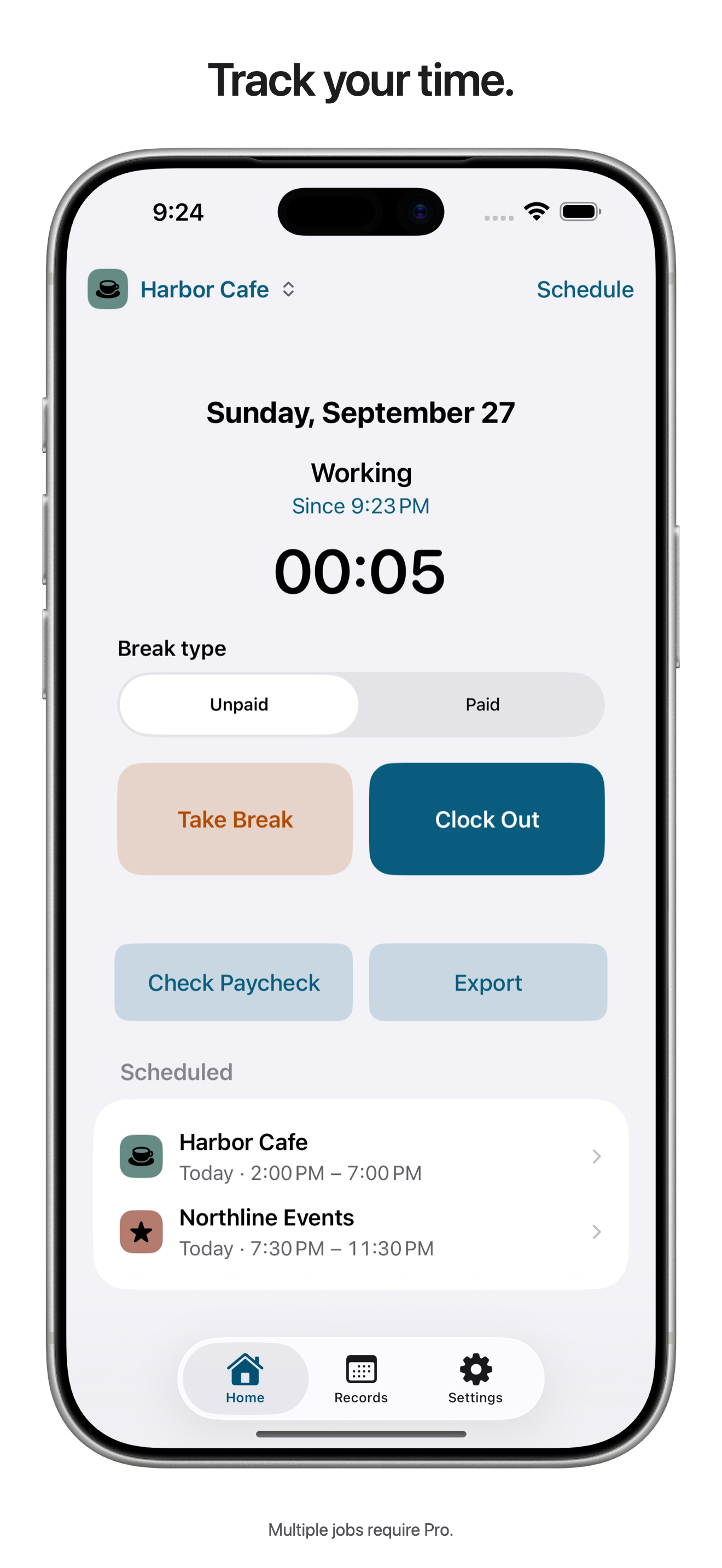 Cernori Hours Tracker showing an active shift, paid and unpaid break options, Take Break, Clock Out, Check Paycheck, Export and scheduled shifts.