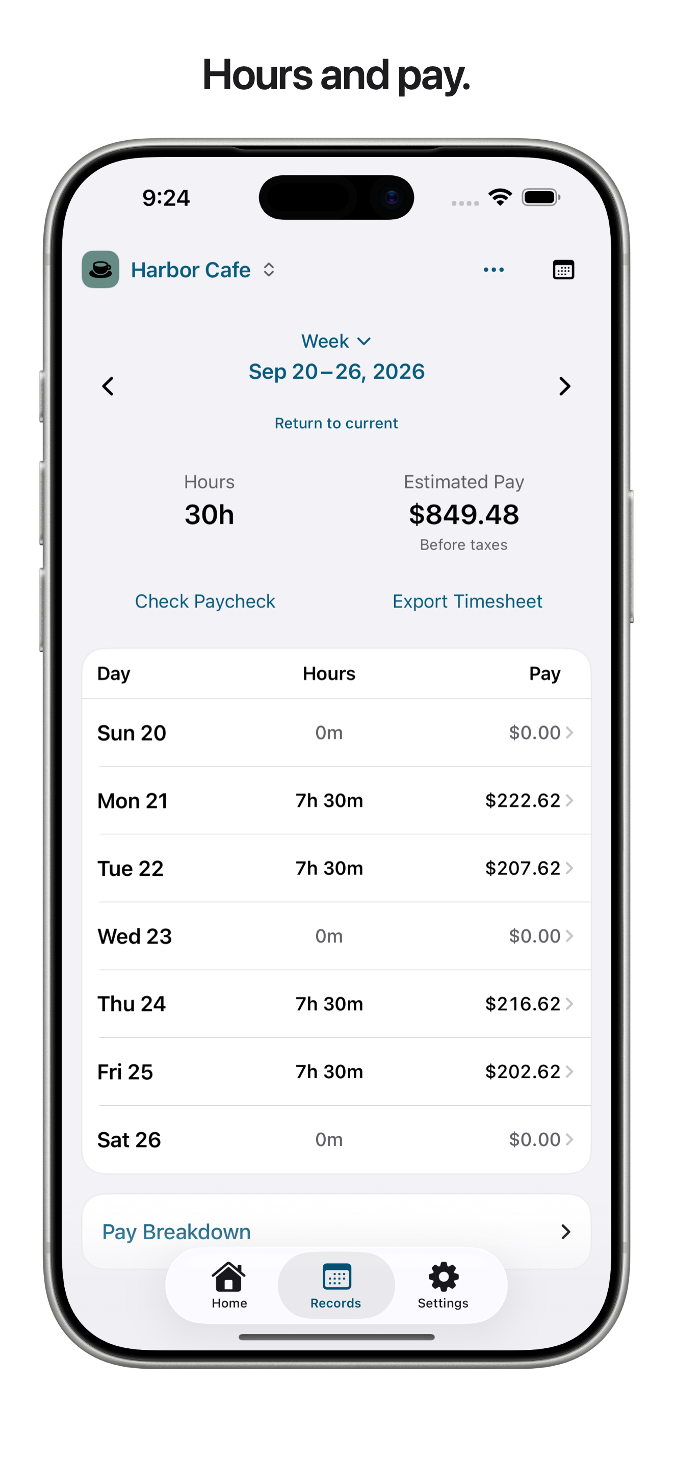 Cernori Hours Tracker showing an example week of saved hours and estimated pay, with a Day, Hours and Pay table.